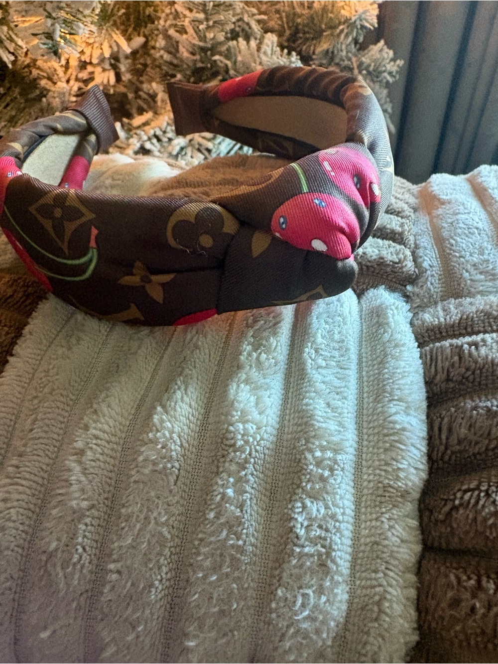 Fashion Brown Monogram Headband with Pink Cherry Accents